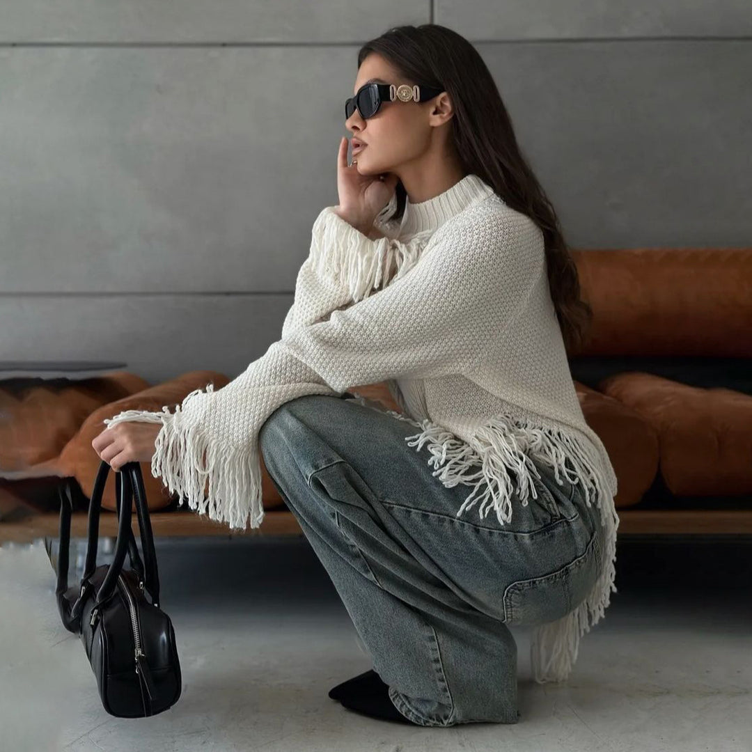 Kvinders tykkestrikkede sweater med frynser Stilla