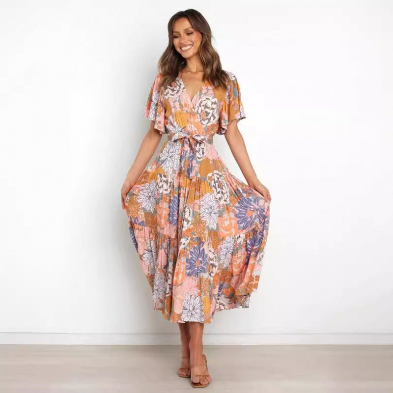 Dame Floraltryk Maxi Wrap Kjole med Lagdelt Nederdel Stilla
