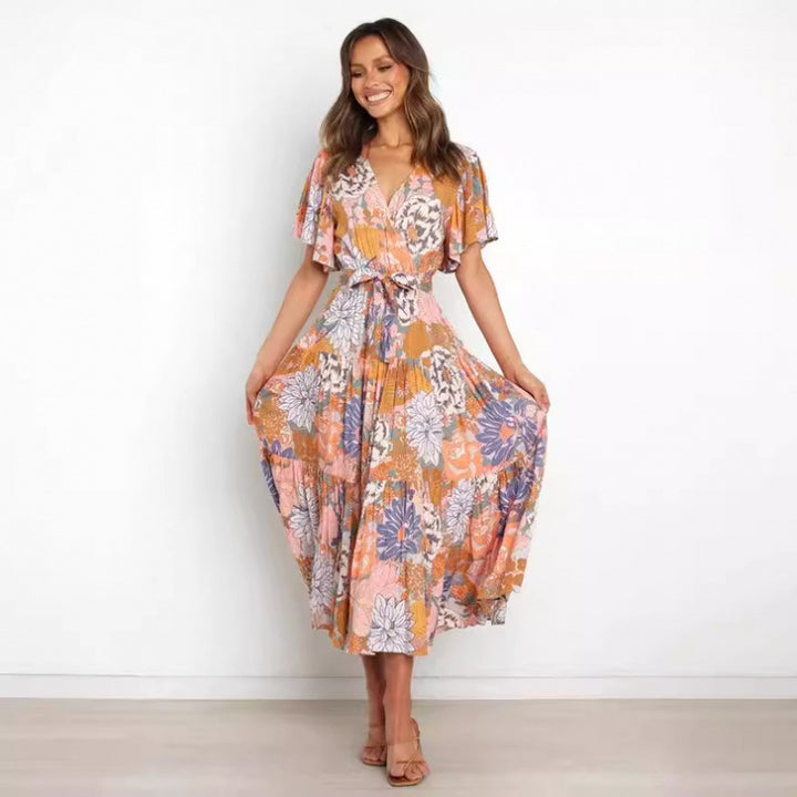 Dame Floraltryk Maxi Wrap Kjole med Lagdelt Nederdel Stilla