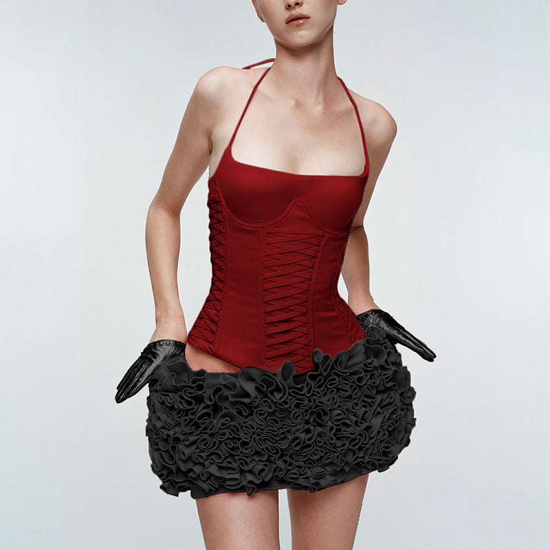 Damen Cropped Oberteil mit dekorativem Bindeband und raffinierten Rüschendetails Skovae
