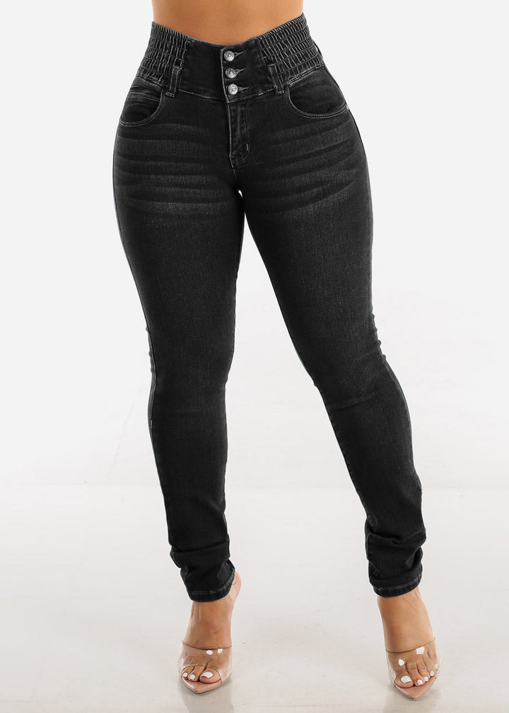 Dame Højtaljede Skinny Jeans med elastisk talje og knapdetaljer Stilla