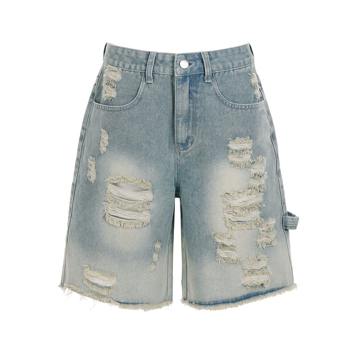 Dame Destroyed Denim-Shorts med høj talje og fransede kanter Skovae