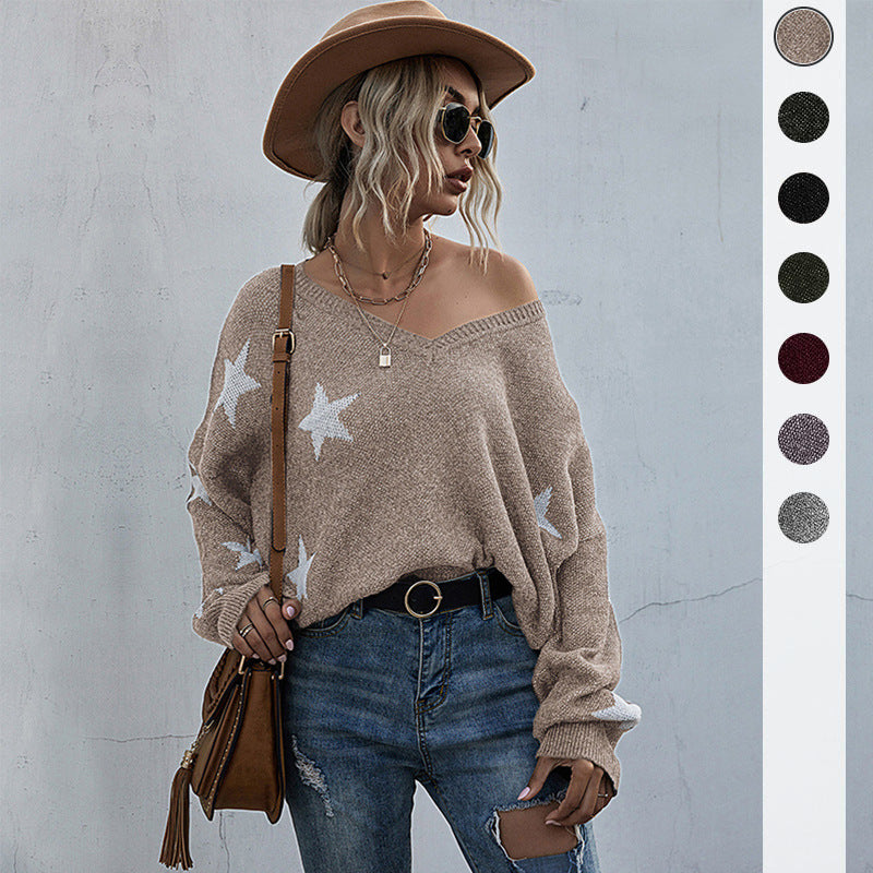 Kvinder Oversize Sweatshirt med Stjernesynd og Dyb V-Hals Stilla