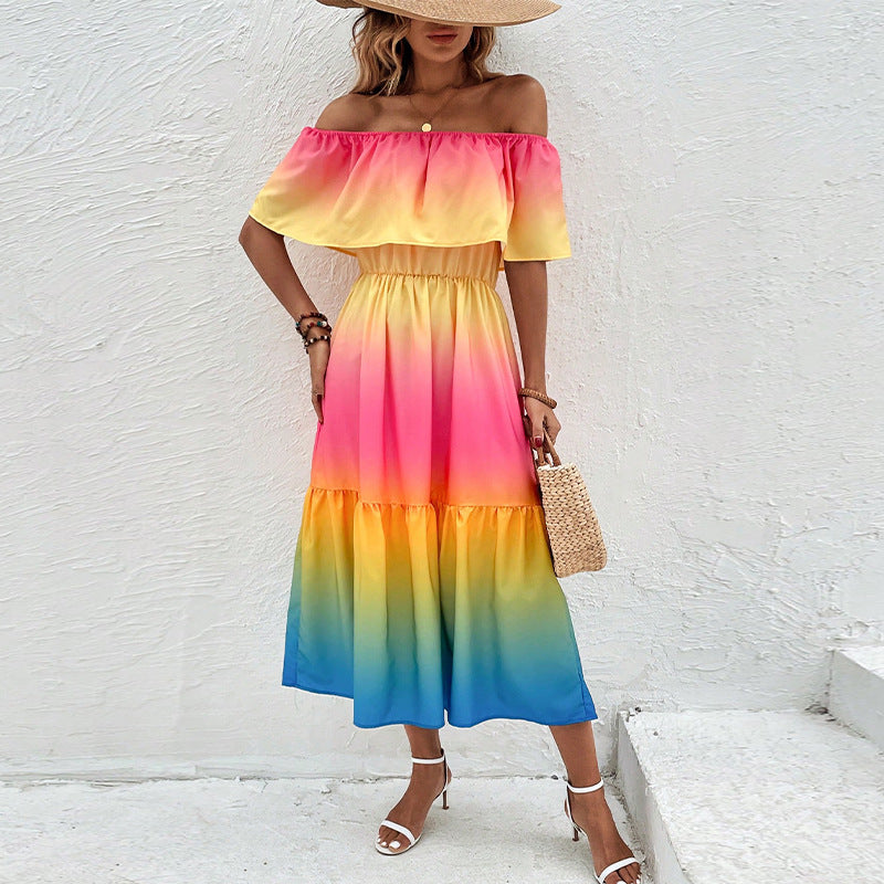 Dame Off-Shoulder Midikjole med farvegradient og flæsedetaljer Stilla