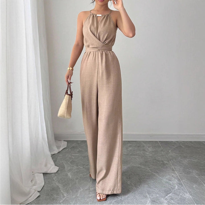 Dame gulvlængde jumpsuit med raffineret indpakningsdesign og elegant taljesøm Skovae
