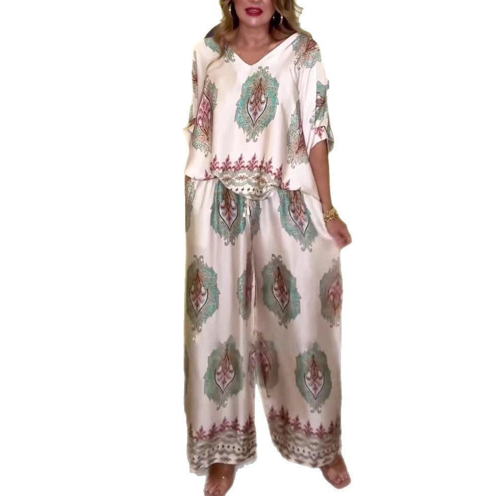 Dame afslappet to-delt sæt i boho-stil med bred pasform og elastisk talje Stilla