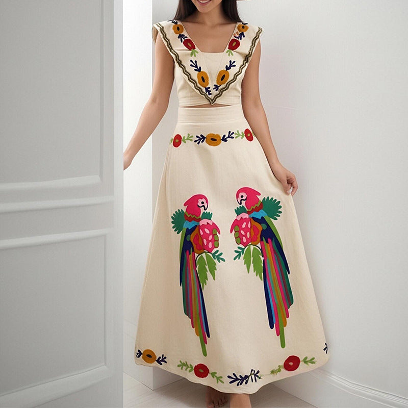 Dame Elegant Maxi Kjole med Kunstnerisk Broderi og Rynkede Ærmer Stilla