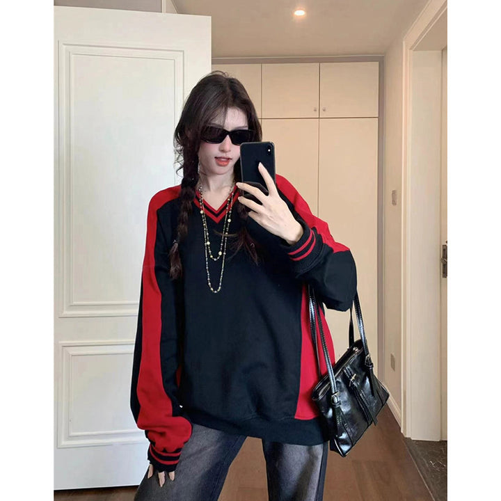 Dame V-udskæring Farveblok Pullover Sweatshirt Stilla