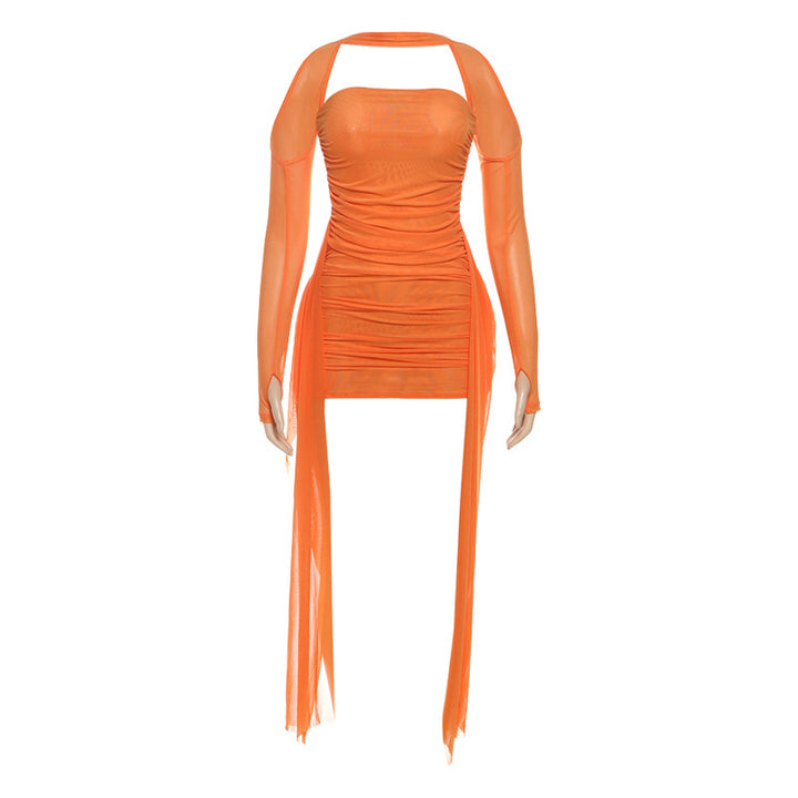 Dame Elegant Minikjole med raffinerede flæser og transparente ærmer Skovae