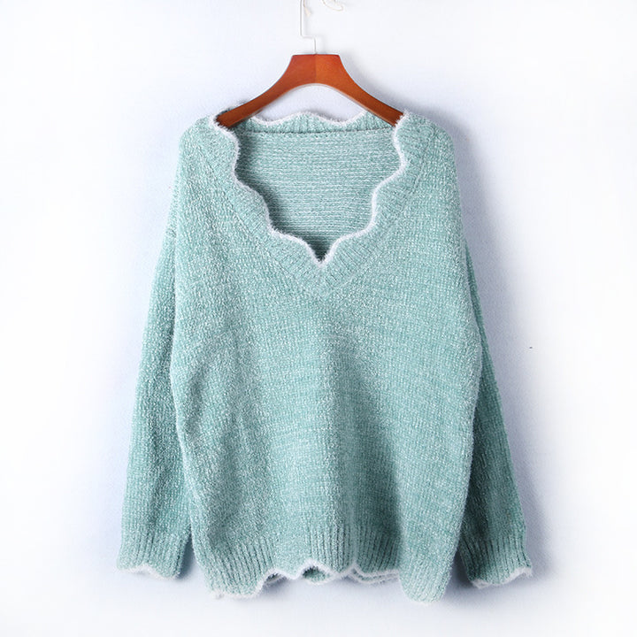 Dame afslappet strik pullover med V-hals og struktureret stof Stilla