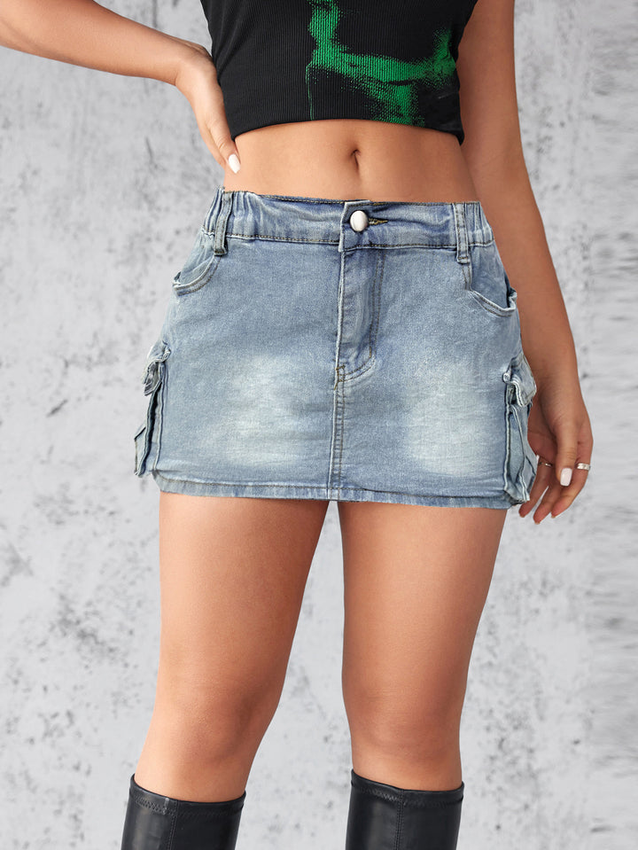 Dame Denim Mini nederdel med cargo-lommer og elastisk talje Stilla