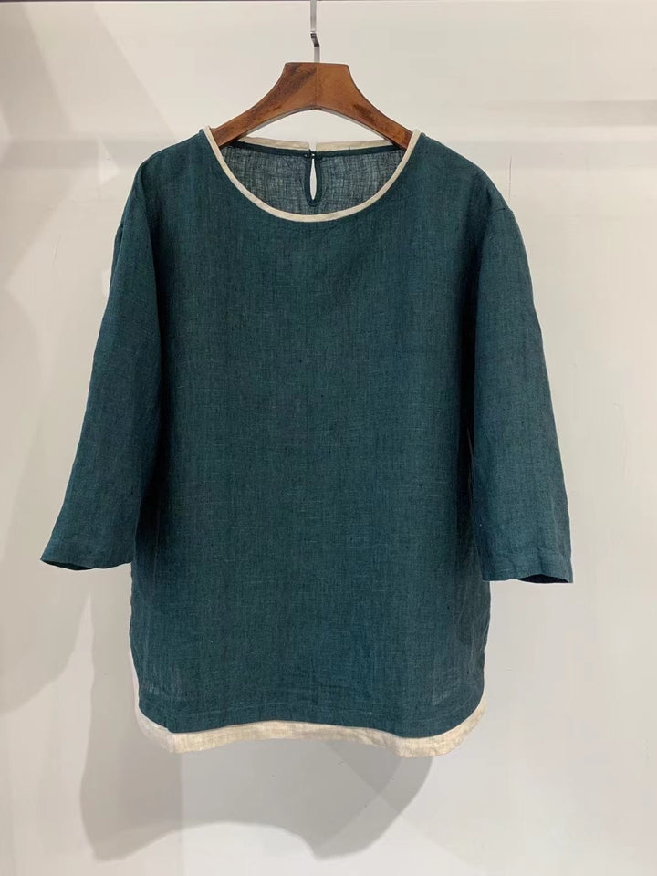 Femme Elegante Linned blouse med trekvartærmer Stilla