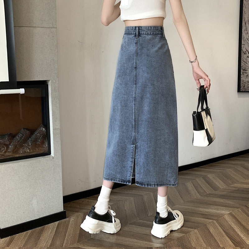 Dame midi denim nederdel med frontslids Stilla
