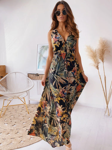 Dame Maxikjole med dyb V-udskæring og elegant blomsterprint Stilla