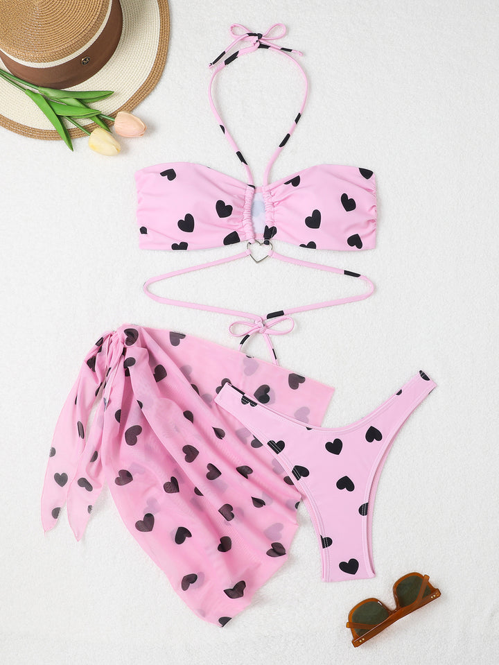 Dame Bandeau-bikini-sæt med hjerte-mønster og matchende indpakningsklud Stilla