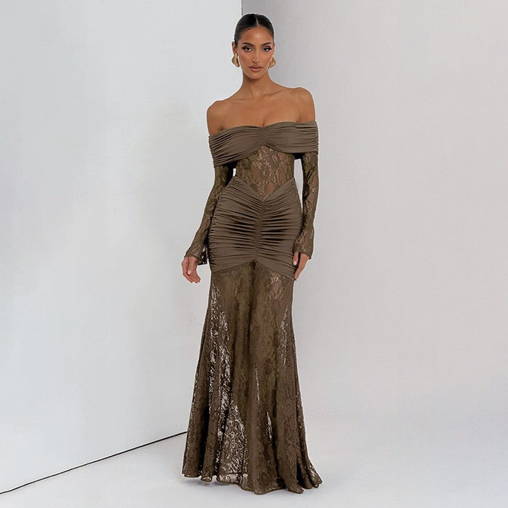 Dame Elegant Langærmet Spidskjole med Draperinger og Off-Shoulder Design Skovae