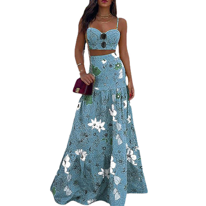 Kvinders Blomster Crop Top og Maxi Nederdel Sæt Stilla