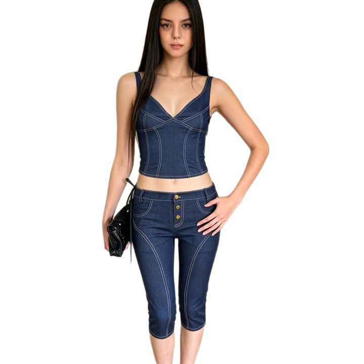 Damer komfortable caprijeans med dekorative knapper Skovae