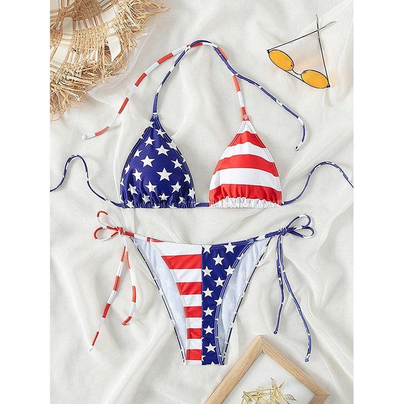 Dame triangel-bikini med stjerner- og stribedesign Skovae