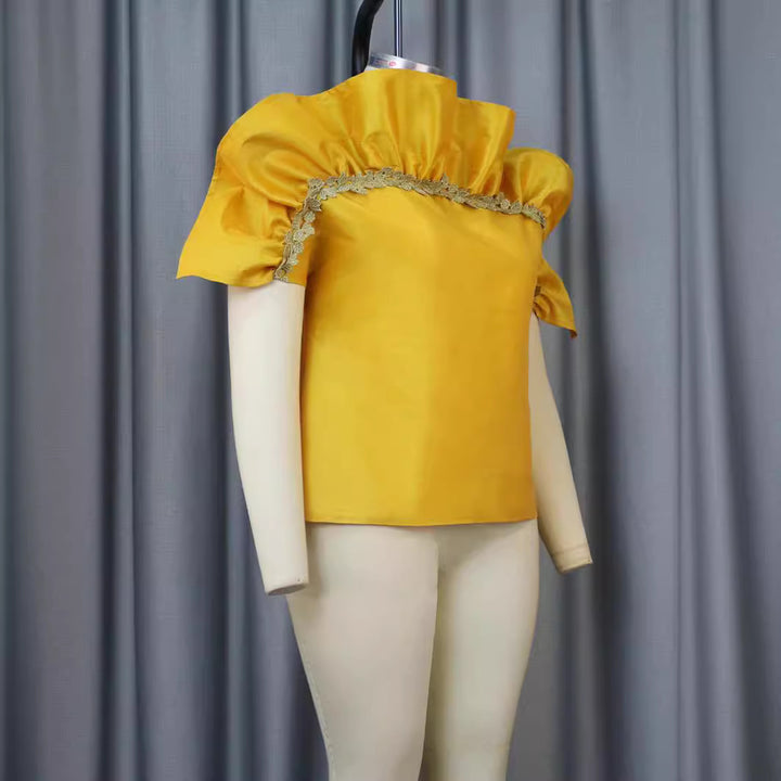 Damer elegant bluse skjorte med voluminøse puffærmer og dekorativ spids kant Skovae