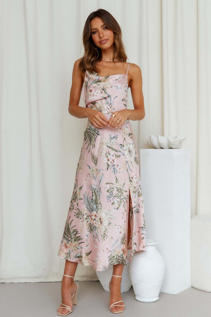 Dame Floral Satin Maxikjole med Slids Stilla