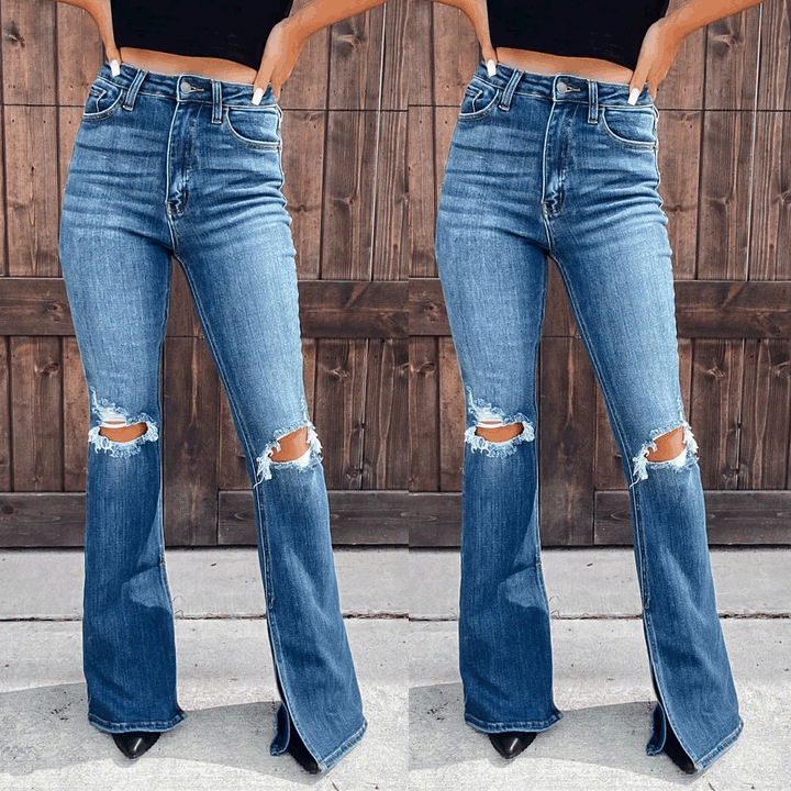 Dame Flared Jeans med gennemgående høj talje og destroyed effekter Stilla