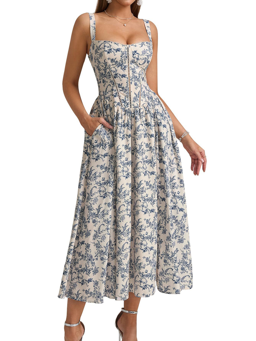Dame Midi-kjole med foret bustier-snit og praktiske lommer Stilla