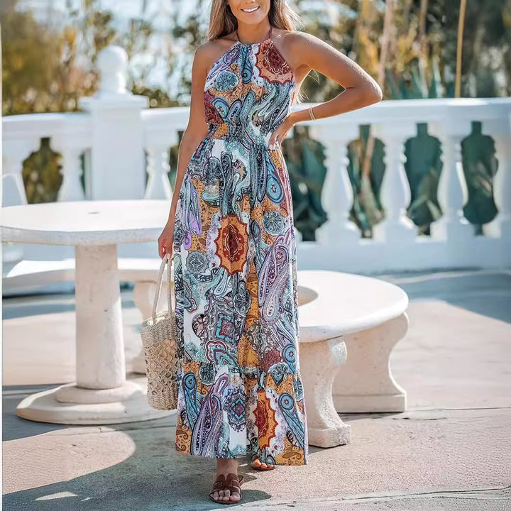 Dame maxikjole i boho-stil med sømløs talje og voluminøs skørt Stilla