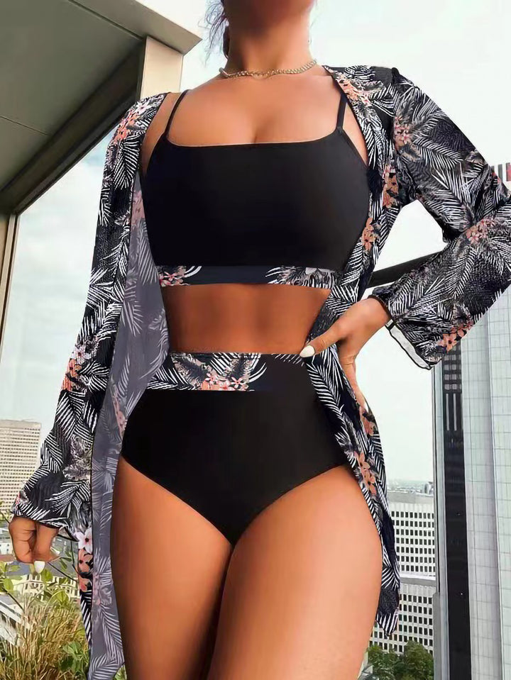 Dame bikiniset med blomster kimono og høj talje Stilla