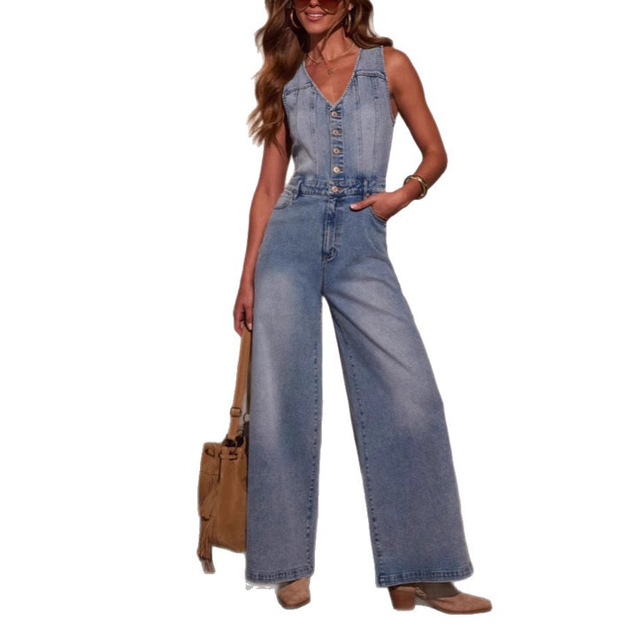 Kvinders denim jumpsuit med høj talje og knapdetaljer Stilla