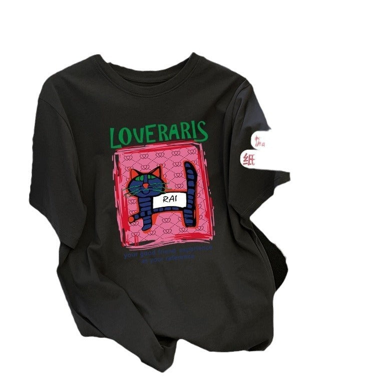 Dame T-shirt med kreativ kattemotiv og moderne tryk Stilla