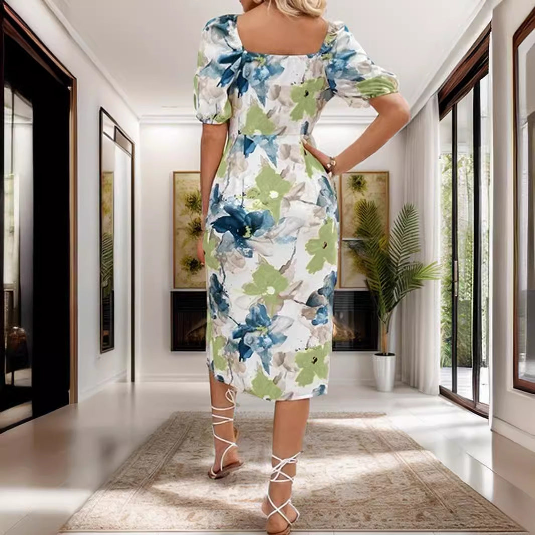 Dame Midikjole med afslappede puffærmer og elegant blomsterprint Stilla