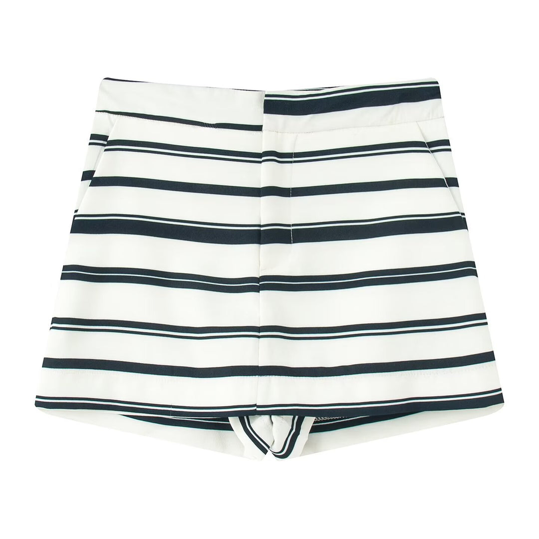 Dame stribet blazer- og shorts-sæt med elegante knapdetaljer Skovae