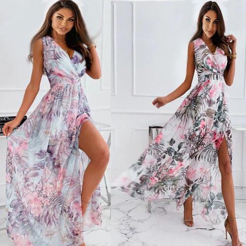 Dame festlig Maxi-kjole med blomsterdesign og elegant V-udskæring Stilla