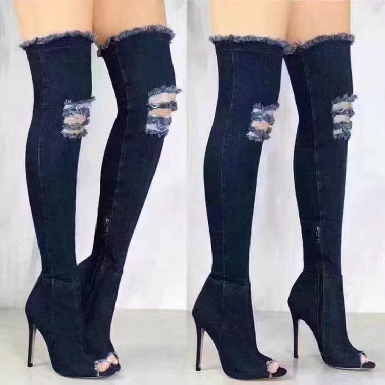 Dame Høje Overknee Støvler i Denim med mode Cut-Outs og elegant peep-toe Stilla