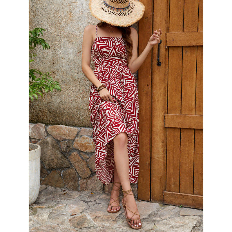 Dame High-Low Geometrisk Tryk Maxi Kjole med Justerbare Stropper Stilla