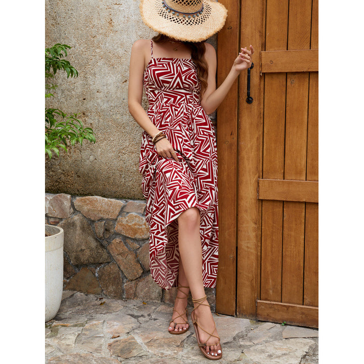 Dame High-Low Geometrisk Tryk Maxi Kjole med Justerbare Stropper Stilla