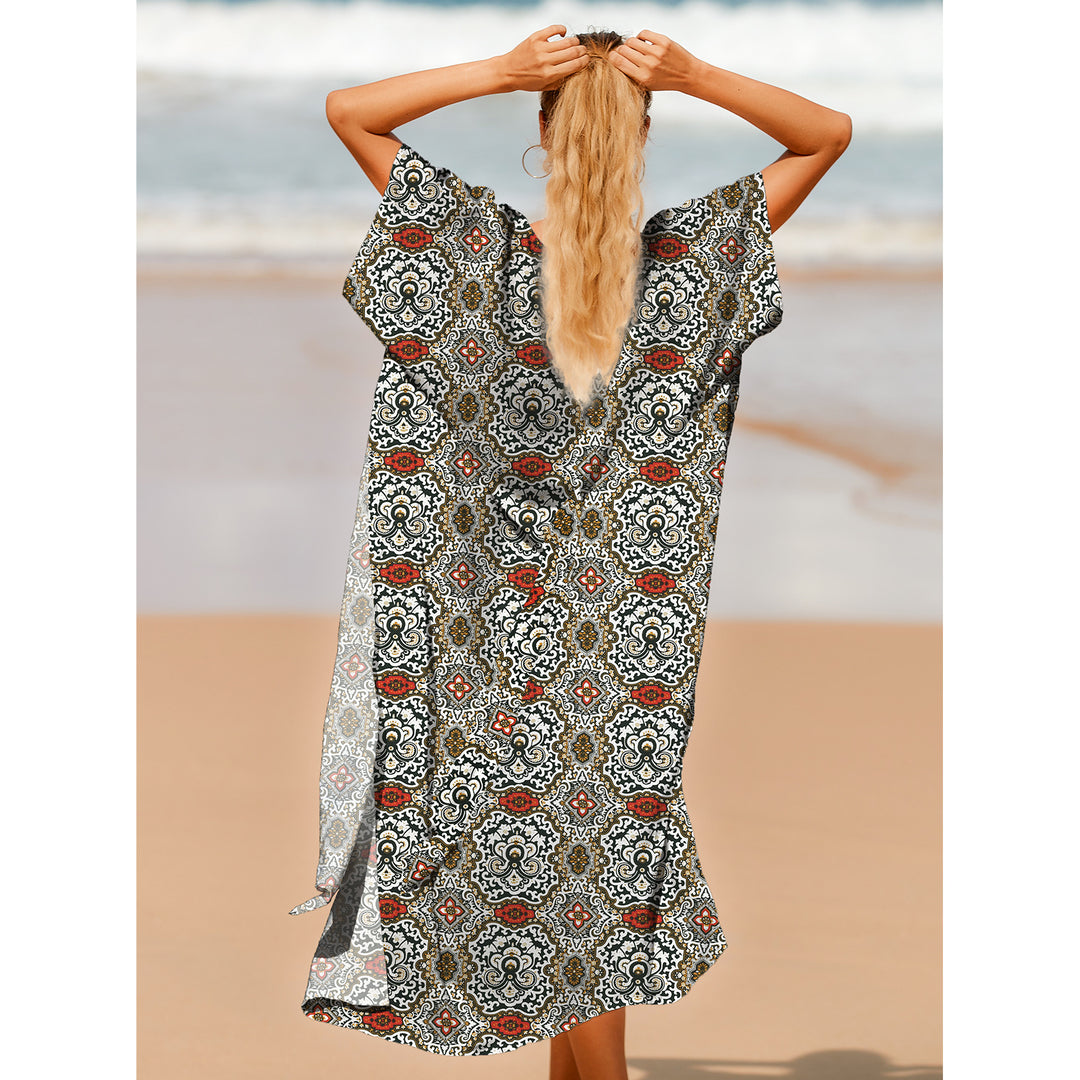 Dame elegant Strandkimono med ornamentalt print og praktiske bindebånd Stilla