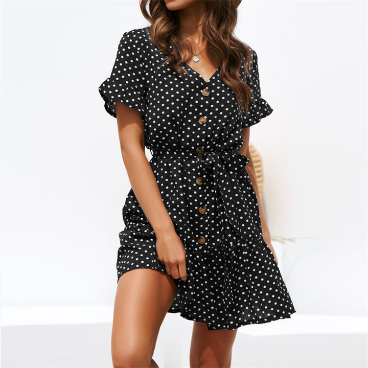 Dame Casual Polka Dots Wrap Kjole med Rufflesøm Stilla