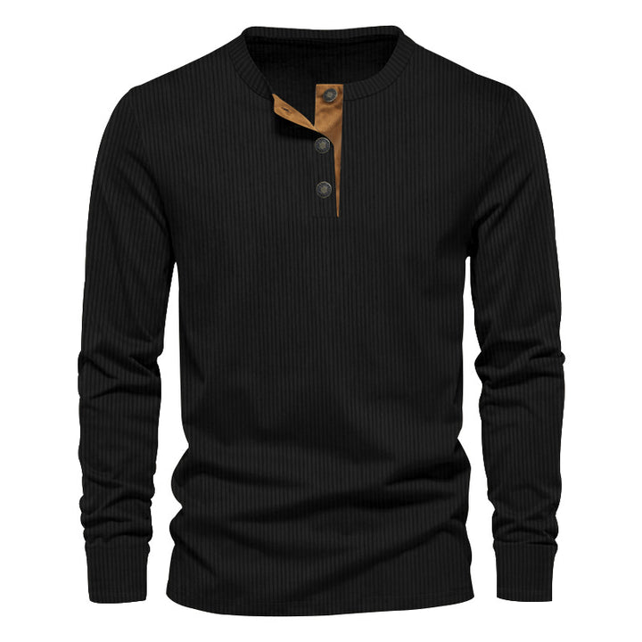 Herren nan ribbet Thermo-Henley med kontrastknapliste og ribbede manchetter Skovae