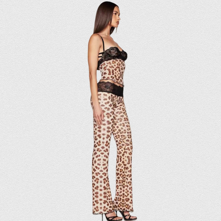 Dame leggings sæt med forførende spidse detaljer og moderne leopardprint Stilla