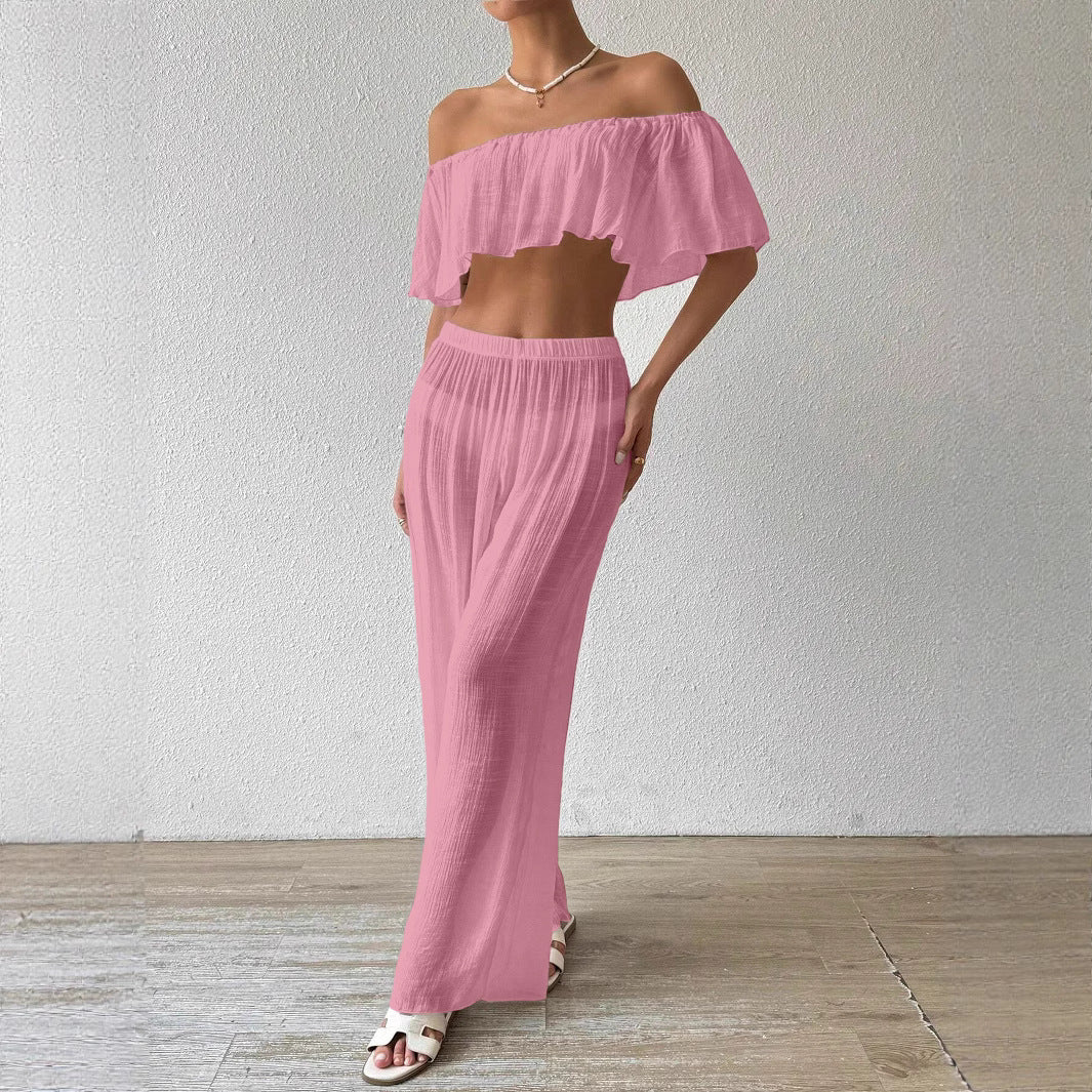 Dame luftig Palazzo-bukser med elastisk talje og off-shoulder bluse Stilla