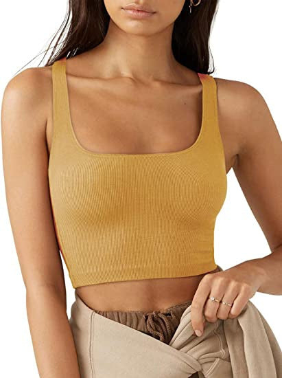Dame cropped top med brede stropper og fint ribmønster Skovae