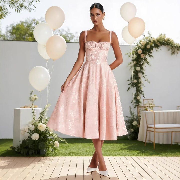 Dame midi kjoler med blomster jacquard og stilfuld bustier top Skovae
