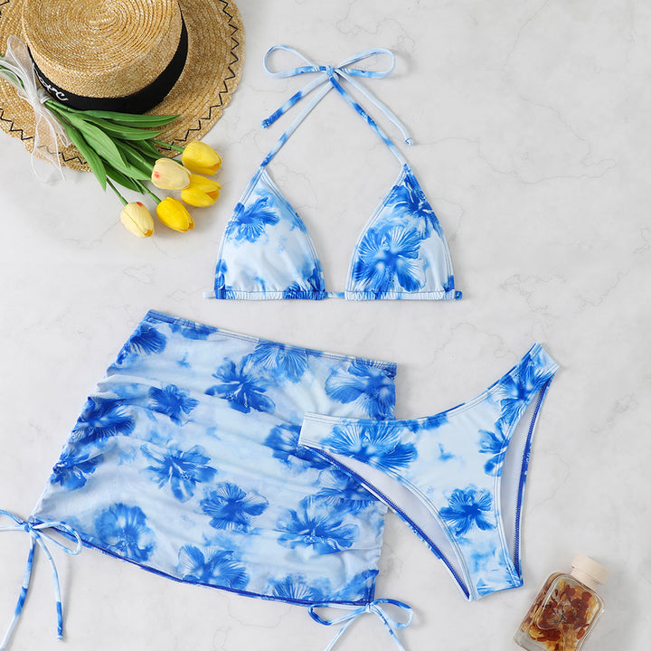 Dame Bikini-sæt med blomster mønster og justerbar nederdel Skovae