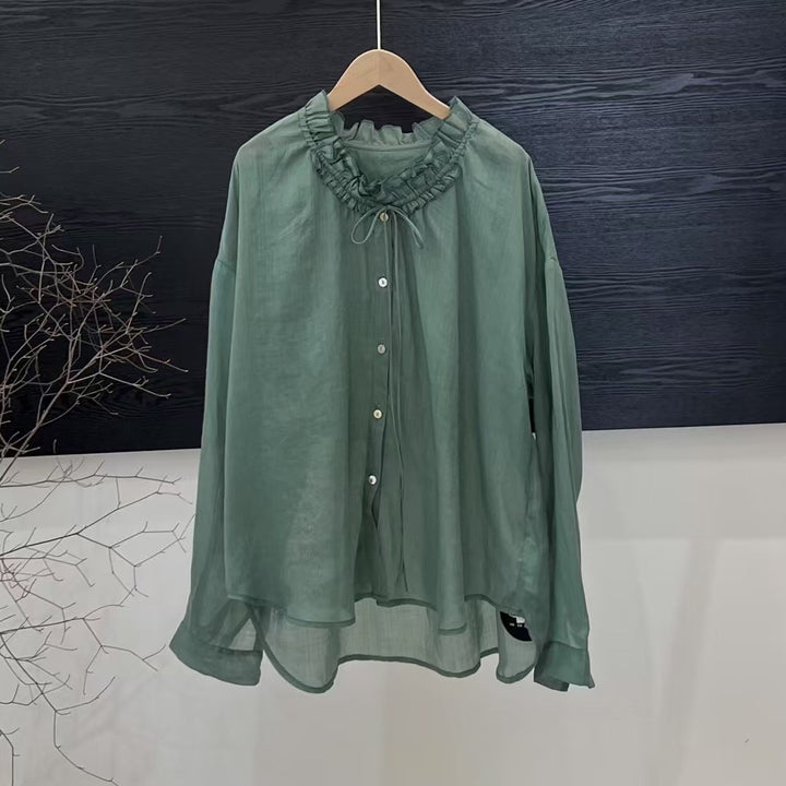 Femme Rynkudskæring Langærmet Bluse med Knapper Stilla