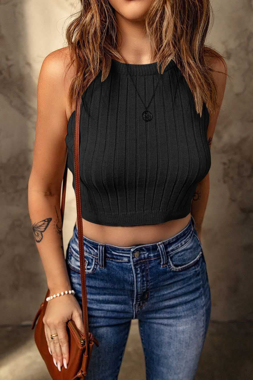 Dame Cropped Top med ribstruktur og høj krave Stilla