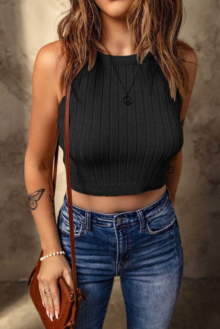 Dame Cropped Top med ribstruktur og høj krave Stilla