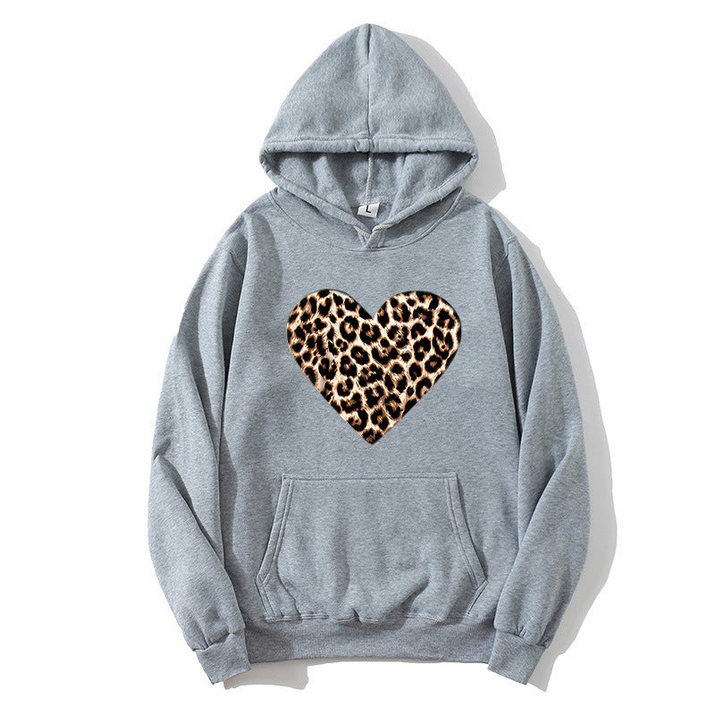 Dame hætte sweatshirt med hjerteformet leopardmønster Skovae