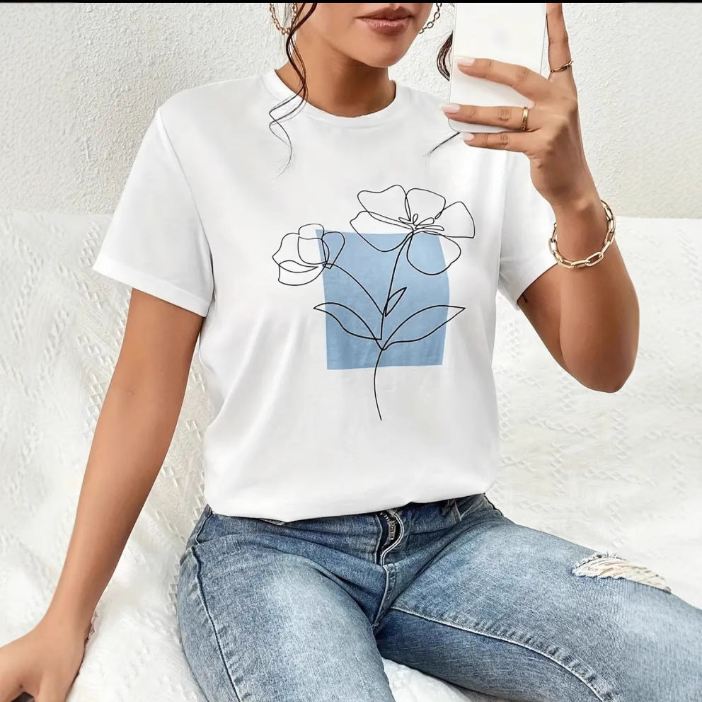Dame T-shirt med kunstnerisk blomsterdesign og moderne grafikdesign Stilla